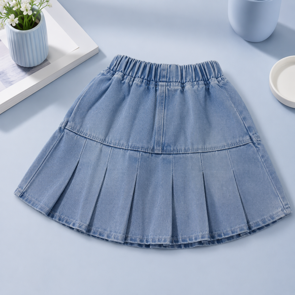 Girls Soft Denim Flared Skirt with Elastic Waist..