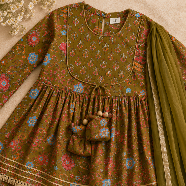 Girls Olive Green Floral Sharara Set with Dupatta