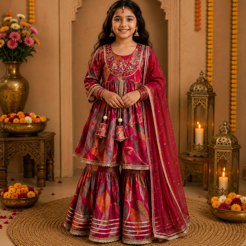 Girls Festive Floral Print Kurti Sharara Set with Dupatta