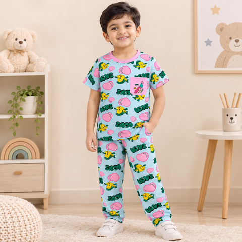 Kids Sky Blue Printed Cotton T-Shirt & Lounge Pants Co-ord Set