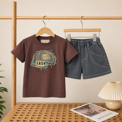 Boys Brown Cotton T-Shirt & Denim Look Shorts Co-ord Set