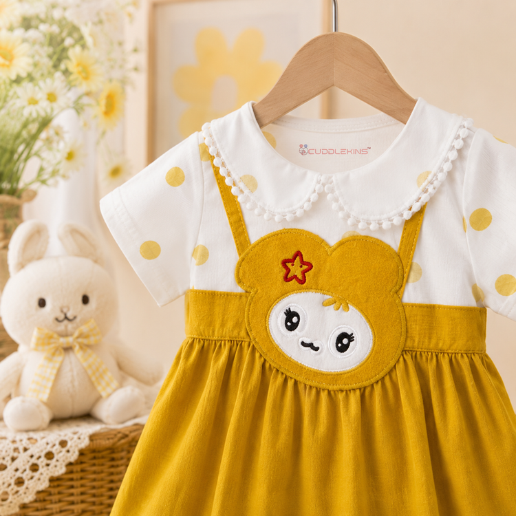 Girls Yellow Bunny Appliqué Cotton Frock with Attached Polka Dot Top