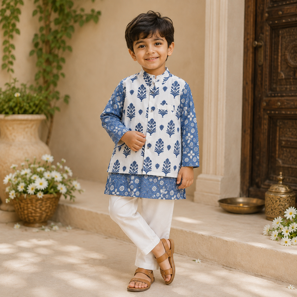Boys Blue Floral Kurta Jacket Set with White Pants