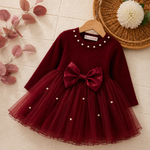 Girls Maroon Pearl Neck Party Wear Net Frock with Bow
