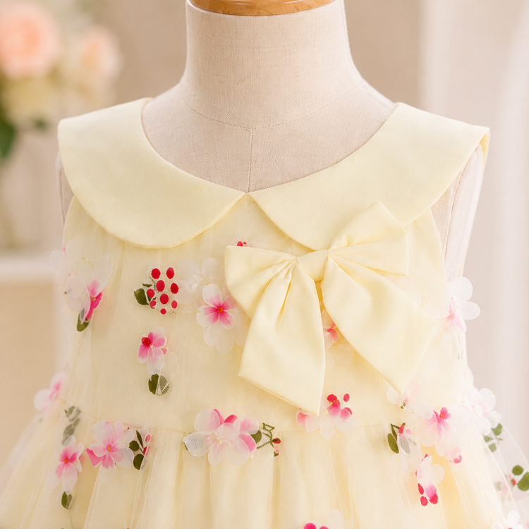 Girls 3D Floral Net Party Dress – Cream White