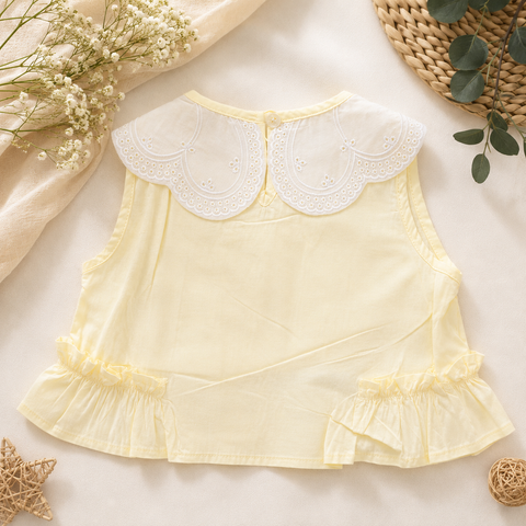 Girls Lemon Yellow Embroidered Collar Top & Wide-Leg Pants Co-ord Set