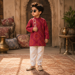 Boys Maroon Bandhani Print Kurta & White Pyjama Set