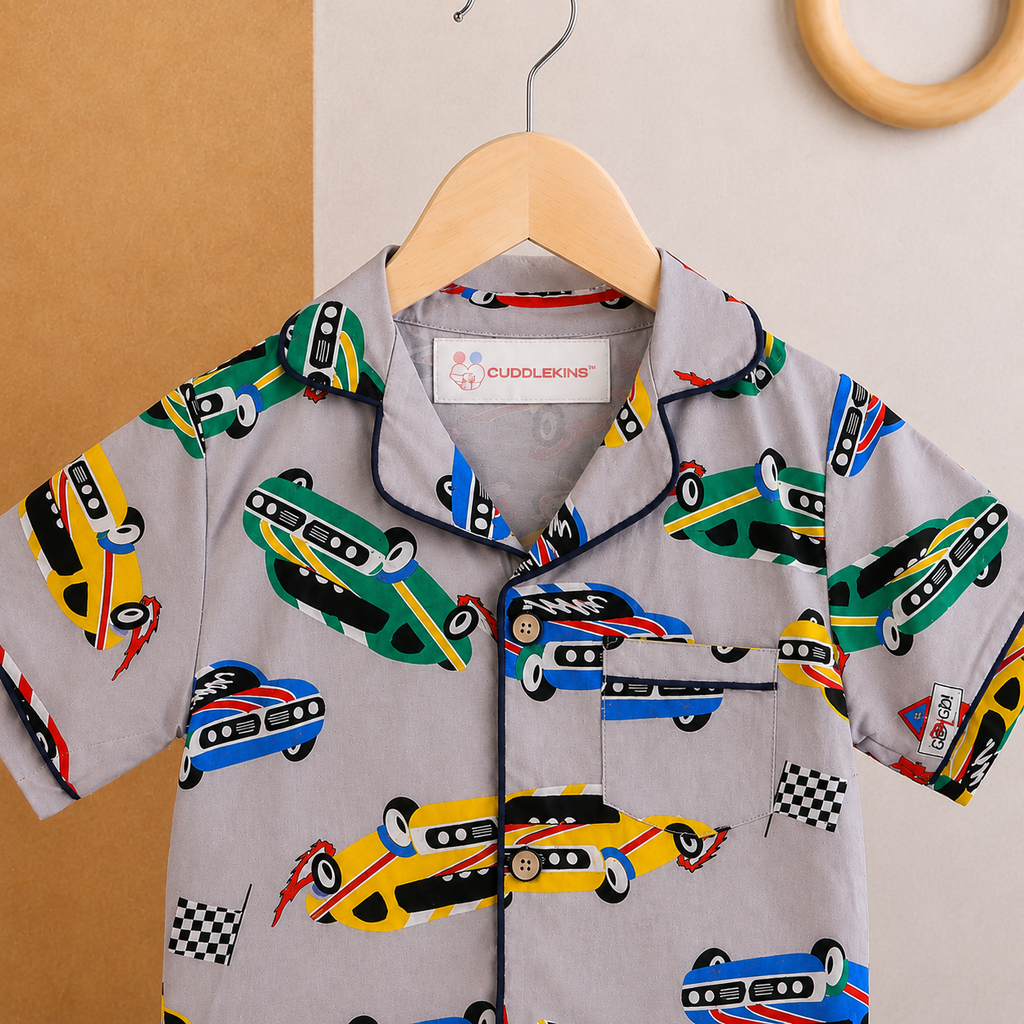 Boys Cotton Car Print Night Suit | Full Sleeve Shirt & Pyjama Set