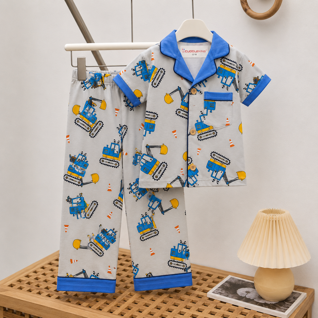 Boys Cotton Construction Vehicle Print Night Suit | Half Sleeve Shirt & Pyjama Set