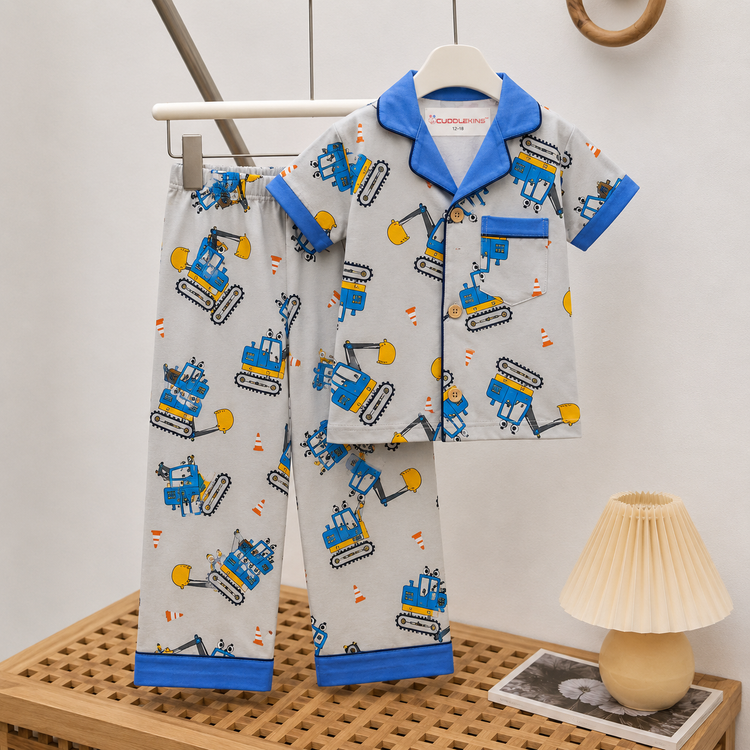 Boys Cotton Construction Vehicle Print Night Suit | Half Sleeve Shirt & Pyjama Set