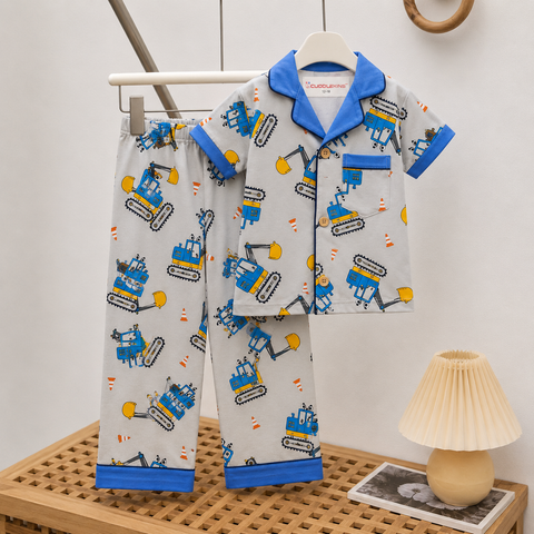 Boys Cotton Construction Vehicle Print Night Suit | Half Sleeve Shirt & Pyjama Set