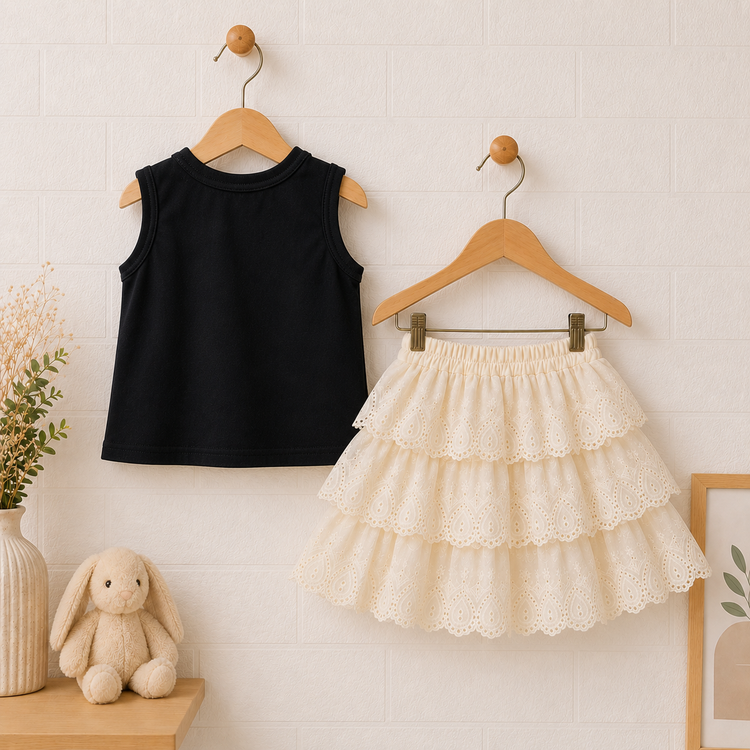 Girls Lace Collar Top & Layered Eyelet Skirt Set