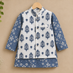 Boys Blue Floral Kurta Jacket Set with White Pants