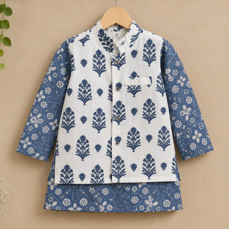 Boys Blue Floral Kurta Jacket Set with White Pants