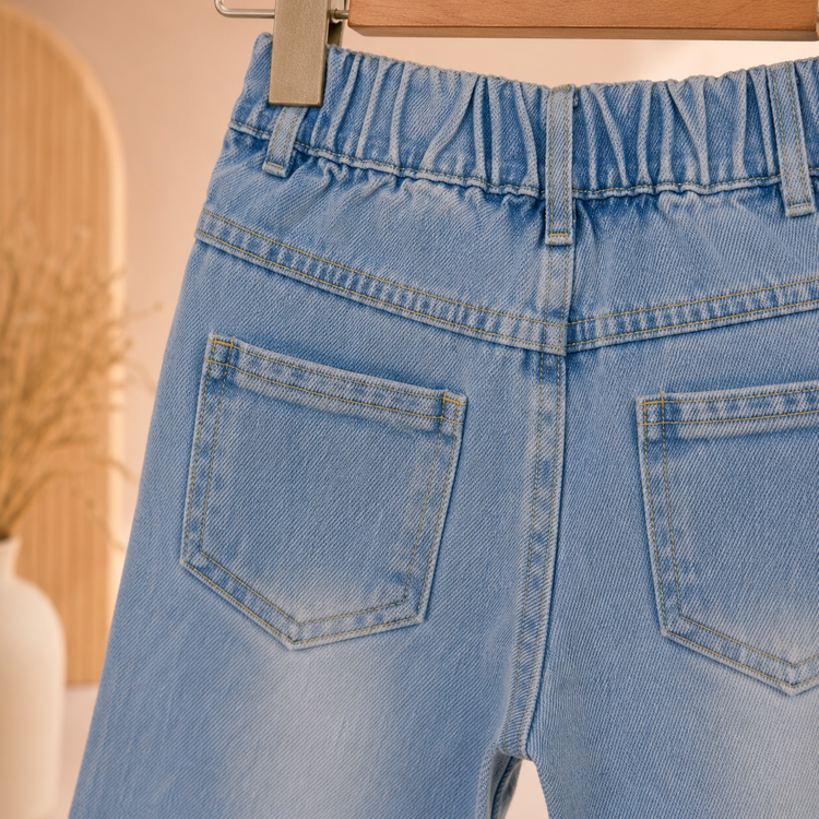 Girls Light Wash Denim Flared Jeans with Bow & Lace Hem