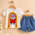 Girls Cotton Cartoon Doll T-Shirt with Denim Fringe Shorts Co-ord Set