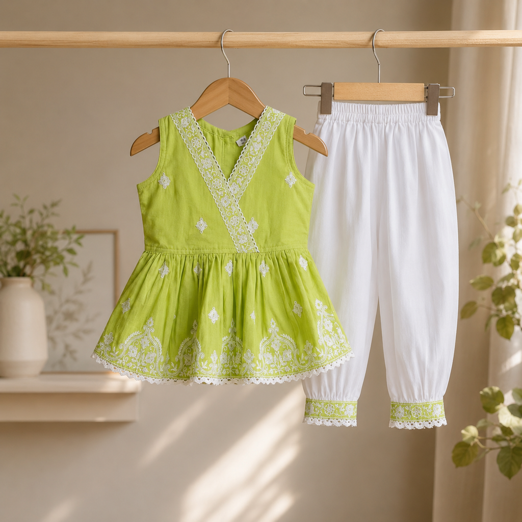 Girls Lime Green Embroidered Kurta Set with Dupatta