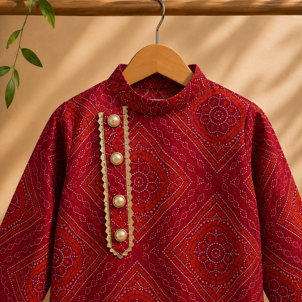 Boys Maroon Bandhani Print Kurta & White Pyjama Set