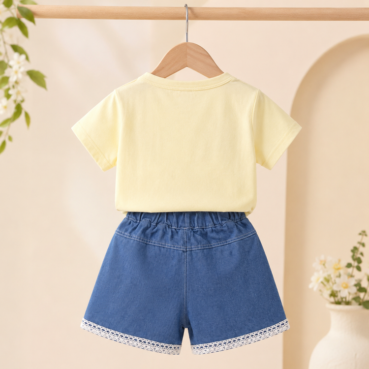 Girls Polaroid Love Cotton T-Shirt & Denim Look Shorts Co-Ord Set with Pearl Chain