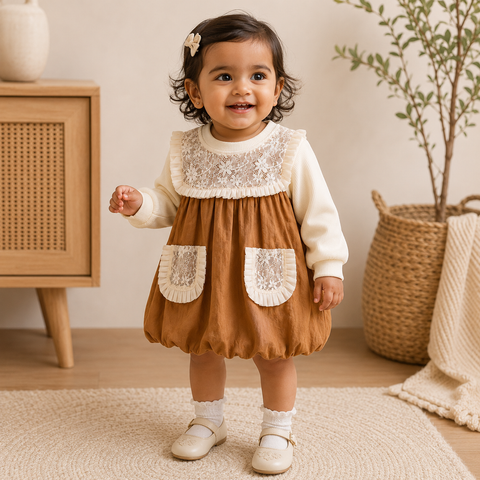 Girls Lace Detail Dress – Beige & Cream