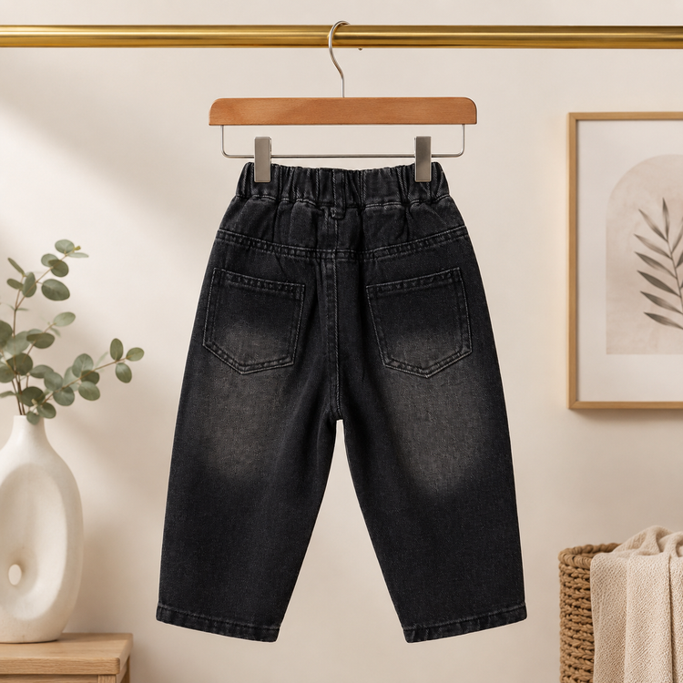 Kids Washed Black Distressed Denim Jeans with Elastic Waist