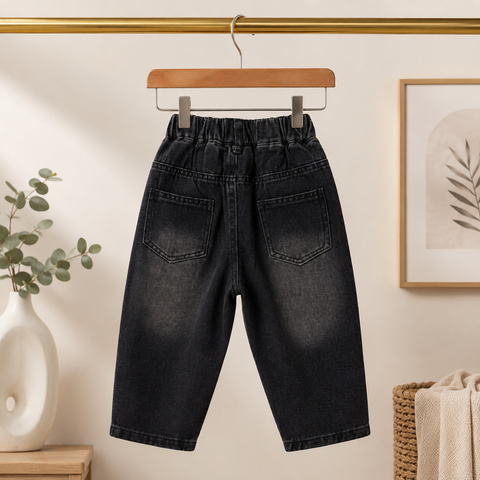 Kids Washed Black Distressed Denim Jeans with Elastic Waist