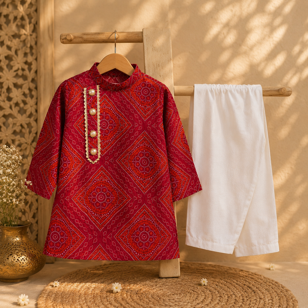 Boys Maroon Bandhani Print Kurta & White Pyjama Set