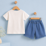 Girls Cotton Cartoon Doll T-Shirt with Denim Fringe Shorts Co-ord Set