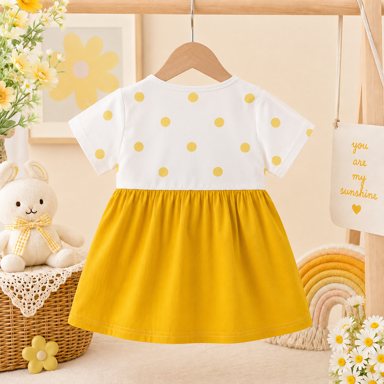 Girls Yellow Bunny Appliqué Cotton Frock with Attached Polka Dot Top